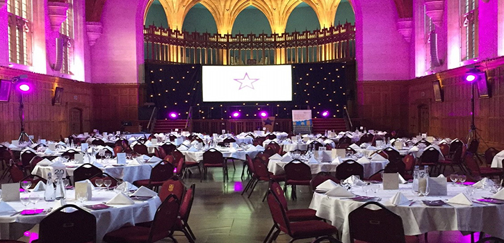 Banqueting setup in the Wills Memorial Building Great Hall for an awards ceremony.